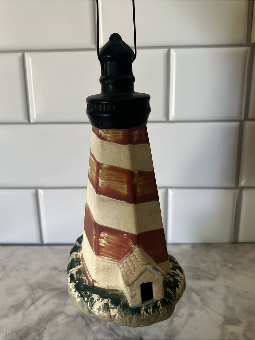 Striped Lighthouse Ornament in Cream and Rust